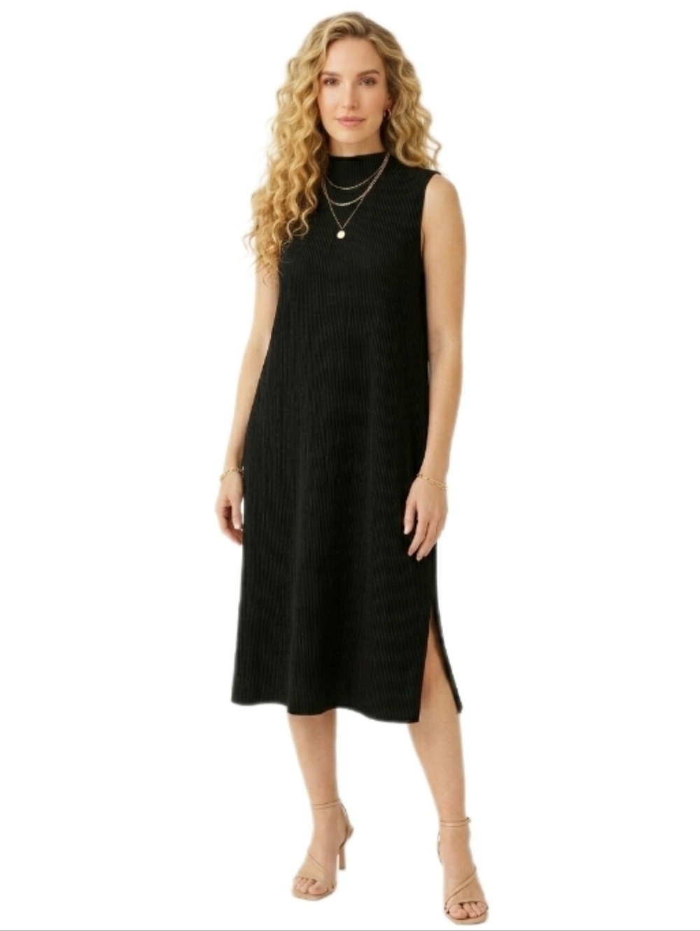 Eileen Fisher Plissé Midi Dress NWT Black Mock Neck